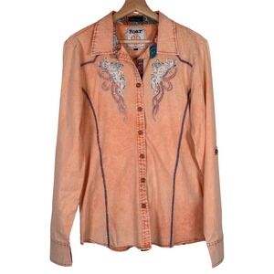 Roar Orange Acid Wash Embroidered Western Button Down Shirt Rhinestone Womens M